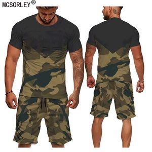 Heren Trainingspakken Mens Casual 2 stuks Set Camouflage Legergroen Korte Mouw T-shirt masculina Losse Tactische Tees Shorts Broek Trainingspak Set S6XL 230713