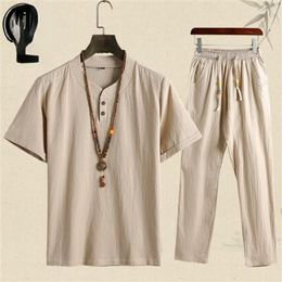 Mens trackpakken heren katoen linnen korte mouw t -shirtankle lengte pant set ademende vaste shirttrousers huis pakken mannelijke maat m5xl 230413