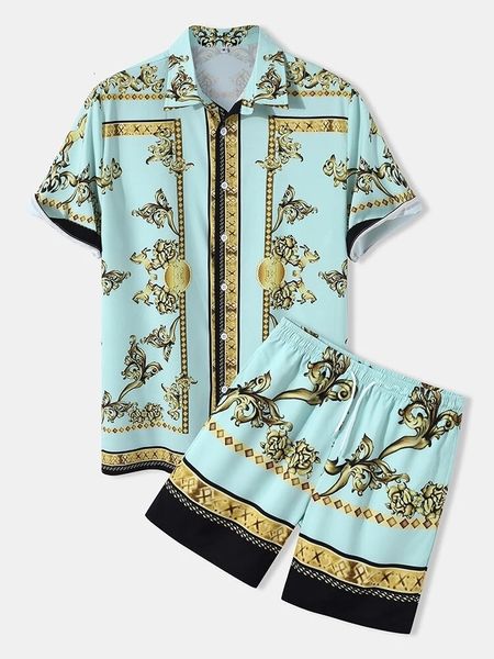 Survêtements pour hommes Hommes de luxe imprimé baroque à manches courtes avec cordon de serrage deux pièces tenues de plage hommes chemises et shorts hawaïens 230323