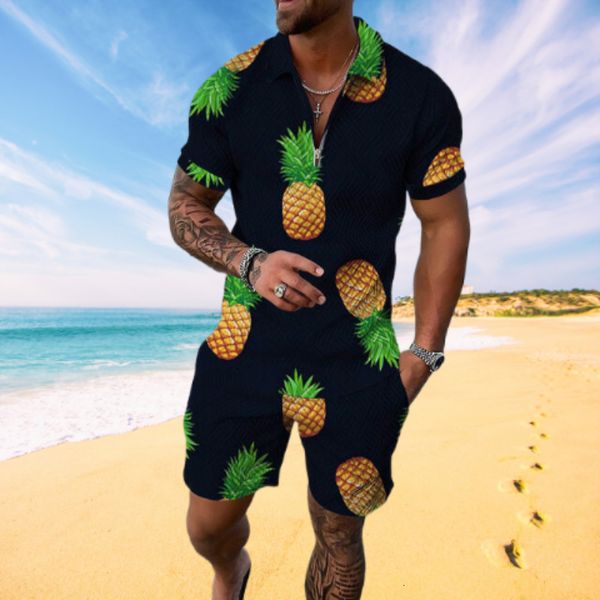 Contrôles pour hommes Fashion pour hommes Fashion 3D Polo à imprimé ananas Polo Set Casual Sports Set à manches courtes Shorts de plage 2 actifs pour hommes Track and Field Wear 230617