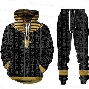 Heren tracksuits heren tracksuit 2 -delige vintage hoodie set Egyptische mythologie outfit pak lange mouw comfortabele dagelijkse kleding met hoed 220906