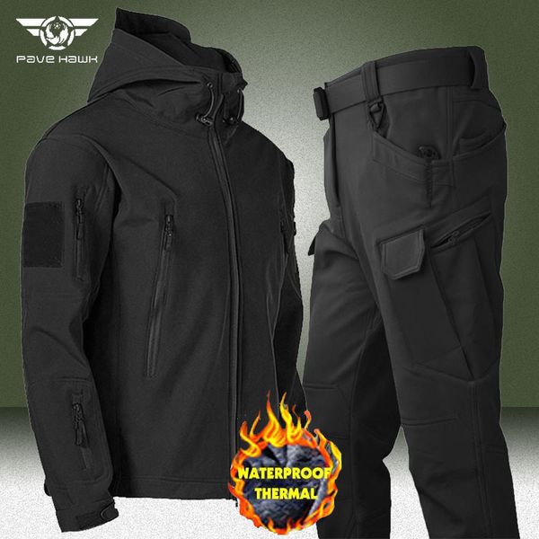 Chándales para hombre Conjuntos militares de lana Hombres Otoño Invierno Piel de tiburón Cáscara suave Impermeable Conjunto de 2 piezas Chaquetas cálidas a prueba de viento Pantalones de carga del ejército