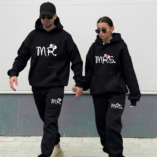 Chándales para hombre Mr Mrs Print Pareja Sportwear Set Amantes Ropa Traje de lana Hombres Sudadera con capucha y pantalones 2 piezas Sudaderas con capucha Chándal para mujer 220906