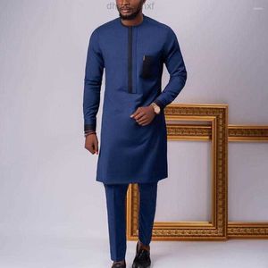 Survêtements pour hommes musulmans, costume bleu, deux pièces, ample, Dashiki, haut imprimé africain, mi-long, décontracté, chemise et pantalon, mode 2023
