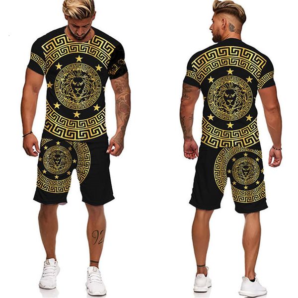 Survêtements pour hommes surdimensionnés Europe Amérique Costume Mode Sportswear Tshirt Design Lion Head 3D Print Summer Beach 2Piece Set Hommes Vêtements 230724