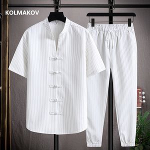 Hommes survêtements chemise pantalon été Style chinois hommes chemise coton rayures chemises hommes décontracté élastique taille taille M5XL 230605