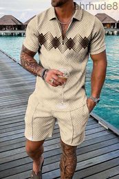 Survêtements pour hommes Simmer Fashion Polo Shirt Set Hommes 3D Imprimé Col V Zipper Short À Manches Courtes Deux Pièces Homme Vintage Costume O2AN