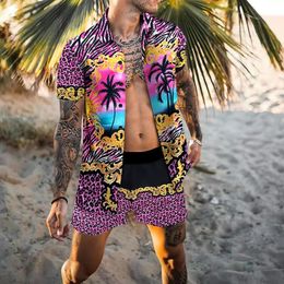 Chándales para hombre Ropa de playa de verano Ropa para hombres Conjunto de camisa hawaiana Traje de 2 piezas Camisas con botones Árbol de coco Impreso Vacaciones S4XL 230707
