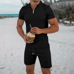 Spares para hombres Summer Fashion Fashion Situit Camiseta de manga corta Camiseta y pantalones cortos Juego de 2 piezas Traje de playa casual en blanco Plain Quarter Zip Dhkrn