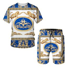 Hommes Survêtements D'été Lion D'or Statue Motif Impression 3D Bleu T ShirtShortsSuit Style Baroque Manches Survêtement Hip Hop Streetwear Ensemble 230712