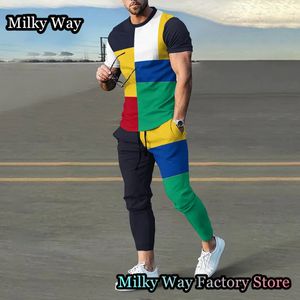 Hommes Survêtements D'été Hommes Coloré Survêtement 2 Pièces Bloc De Couleur T-shirt Pantalon Ensemble Casual Jogging Costume De Mode Outfit Homme Streetwear 230724