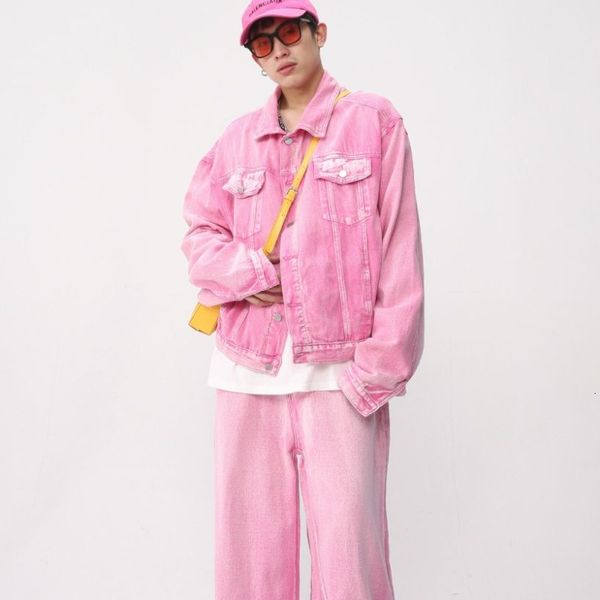 Survêtements pour hommes été rose veste en jean jean droit ensemble décontracté mode haute rue quotidien court pardessus pantalon costume vêtements masculins 230627