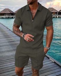 Survêtements pour hommes costume de sport d'été décontracté contraste de couleur POLO chemise à revers zippé imprimé en 3D Short à manches courtes 230420