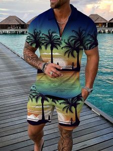 Heren Trainingspakken Zomer Trend Sweater Set met Hawaiian Beach Elements 3D Geprinte Polo Shirt met Rits Kraag en Shorts 2 Stuk Vrijetijdskleding 230718