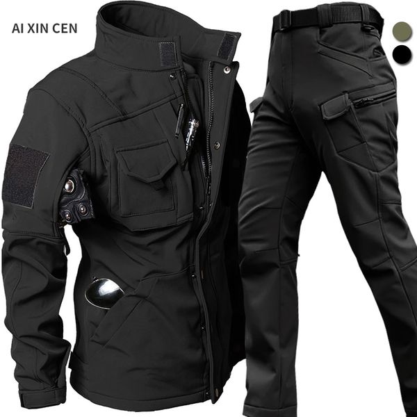 Survêtements pour hommes coupe-vent imperméable costume de motard hommes veste tactique pantalons ensembles hiver peau de requin militaire coquille souple uniforme chaud polaire manteaux 231216