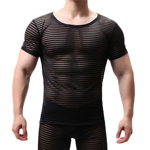 Mens Transparant Sexy Mesh T-shirt Zien door gestreepte korte mouwen Muscle Sleep undershirts Nachtclub Voer TOP T-shirts uit 210629