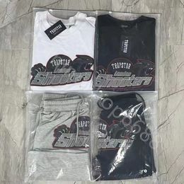 Mens Trapstar t-shirt borduren Korte mouw Outfit Chenille Trainingspak Zwart Katoen London Streetwear S-2XL groothandel hoge kwaliteit goedkoop