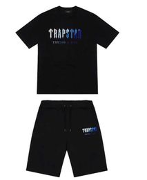 T-shirt Trapstar pour hommes, tenue imprimée à manches courtes, survêtement en chenille, coton noir, Streetwear de Londres, design de protection solaire 68ess