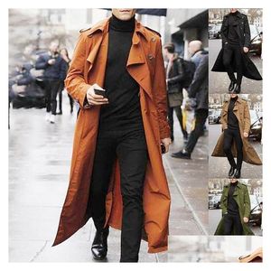 Heren Trench Coats Men Overjas Vintage Double Breasted Jacket Business Black Long Solid Wind Break Coat Outsear Drop Delivery Apparel C DHTBL