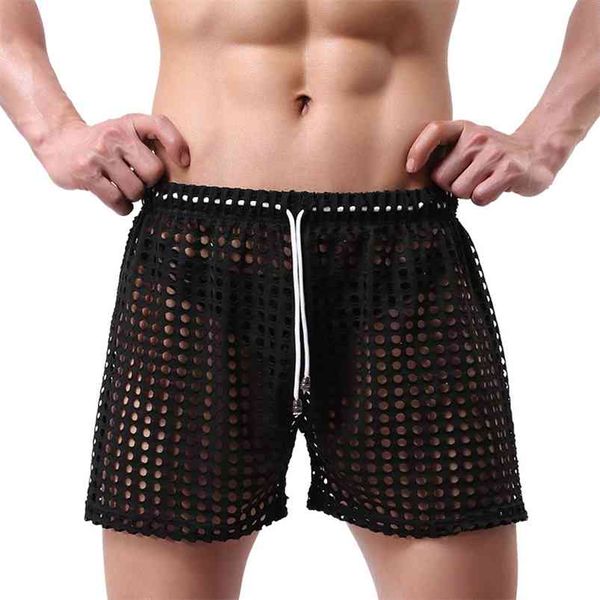 Mens Trunks Mesh Fishnet Hollow Out Boxers Transparent Loose Causal Shorts Sleep Bottoms Séchage rapide Trunks Elastici Palestra 210720