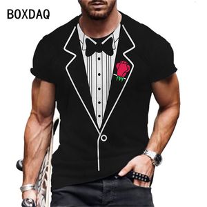 T-shirts pour hommes, grande taille 6XL, été, manches courtes, décontracté, faux costume, gilet, mode drôle, smoking, nœud papillon, hauts 230421