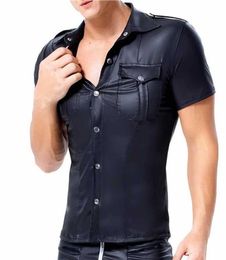 Mens Tshirts Pu Leather Button Colddown Collier Short Shirts Couper Clubwear Streetwear Male Black Tops Tee Plus taille 3xl x2071165