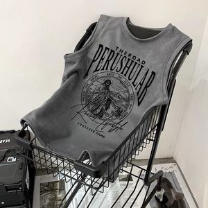 Tshirts masculins en daim américain rétro sans manches tshirt hommes été lâches robustes beaux gilet tendance