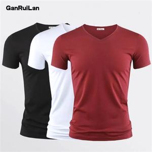 T-shirts pour hommes T-shirt couleur pure col en V hauts à manches courtes t-shirts hommes t-shirt noir collants homme Fitness pour vêtements masculins 230529