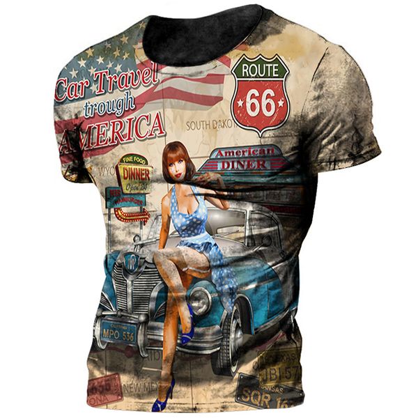 Camisas de ruta Vintage 66 para hombres Camisas de motor de motociclista estampado 3D Camisa de gran tamaño 66 Camiseta de manga corta 230420