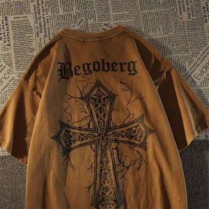 Heren T -shirts Vintage Brown Cross T -shirt Gotische grafische afdrukken Katoen Casual grote heren T -shirt Y2K Grunge Clothing Hip Hop Street Top Unisex 230408