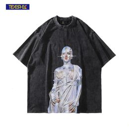 T-shirts pour hommes Vintage vêtements de rue pour hommes hiphop portrait robot impression graphique Distressed Tshirt Harajuku Summer Cotton Wash Tshirt 230408