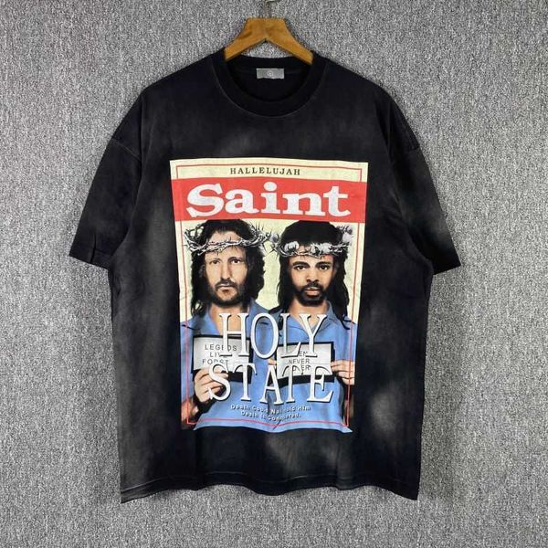 T-shirts pour hommes Xiaozhong Marque de mode Saint Portrait Pattern Magazine Cover Print American Retro Distressed Loose Short Sleeve Tshirt pour hommes et femmesmPB05