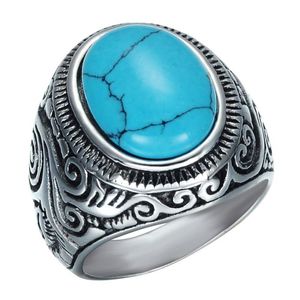 Hommes Turquoise fissure pierre anneaux vintage rétro en acier inoxydable pierre naturelle sculpté bagues pour garçons mode Punk bijoux 307d