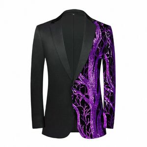 Hommes Tuxedo Dr Blazers Violet Brillant Paillettes Costume Floral Veste Hommes Blazer Party Dîner Bal Stade Chanteur Vêtements Costume 3XL I49t #