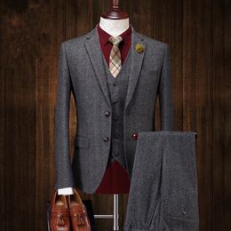 Traje de Tweed de lana con dos botones para hombre, chaqueta, chaleco, pantalón, 3 uds., gris oscuro, trajes formales hechos a medida, esmoquin de boda, negocios, Men255g