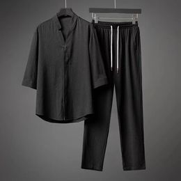 Hommes deux pièces ensembles 2023 Style européen Vintage hauts basiques et taille élastique pantalons longs costume mâle solide survêtements ensemble 240102