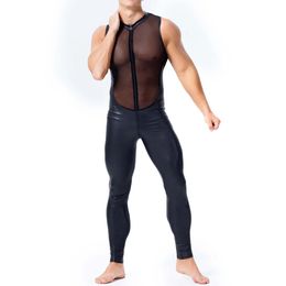 Hombres para hombres Mesh PU Leather Ver a través de Bodysuits de chalecos LEARTARD Dance Club Night Night Pants Lgbt Sexy Lingerie Jumpsuit 240410