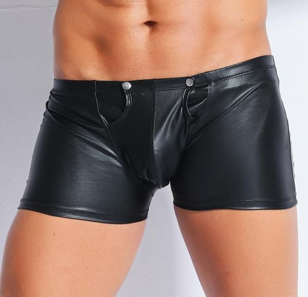 Box sous-vêtements pour hommes hommes sexy en faux cuir en cuir noir stage U convex pochette ouverte entrejambe en cuir brevet boxer short un6886334