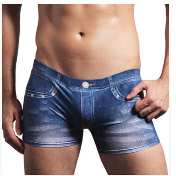 Mens Underwear Fashion Fake Jean Denim Blue Design Underpants Sexy Male Boxers Vêtements Accessoires