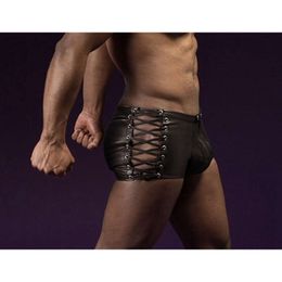 Heren ondergoed Luxe mannen Lingerie Patent Leather Boxer shorts onderbroek met O-ring sexy luipaard mannelijke briefs laden Kecks Thong Kysc