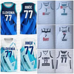 Mens Unicersidad Europea 7 Jersey Slovénie Luka Doncic 77 Maillots de Basketball Cousu Bleu Blanc Classique Jersey