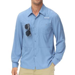 Camisas de pesca de manga larga UPF 50 para hombre, protección solar, camisa de trabajo transpirable para senderismo, camisa informal con botones y bolsillo con cremallera 240220