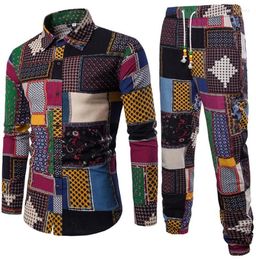 Heren Vakantieset Linnen Long Pant Ethnic Style Patchwork Male Suit Festival Wear Plus Mize 5xl Europe Slim Shirt 2022 Autumn8406050