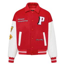 Heren varsity jas Letter Patroon PU Leather Patchwork Baseball Jacket Winter Streetwear Fashion Red Bomber Jacket Unisex Coat T220728