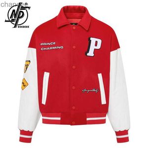 Heren varsity jas letter patroon PU LEDER PATCHWORK BACKWORK HASBAL JAAD Winter Streetwear Fashion Red Bomber Jacket Unisex Coat HKD230815