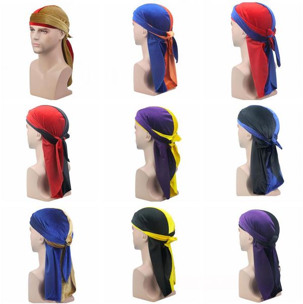 Pañuelo de terciopelo Durags para hombre, sombrero turbante para mujer, pelucas Doo de dos colores Durag Biker Headwear, diadema, sombrero de pirata, sombrero de cosplay Du-RAG