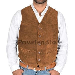 Mens Vest Suede Suede Single-Breasted Button V Nek met zak slanke retro jassen mannelijke casual solide slanke mouwloze vest chaleco 240515