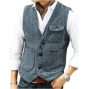 Gilets pour hommes Gilet d'outillage décontracté formel à chevrons Tweed marron col en V gilet de laine gilet d'affaires Groomman pour le bal de mariage 230313