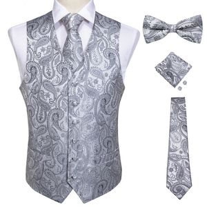 Chalecos para hombre Clásico Plata Paisley Folral Chaleco de seda Pañuelo de boda Corbata Traje Chaleco Conjunto Chaqueta sin mangas DiBanGu 230209