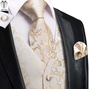 Chalecos para hombre HiTie 100% seda marfil Beige champán dorado corbata pañuelo gemelos conjunto Jacquard Vine chaleco para hombre traje vestido 230209